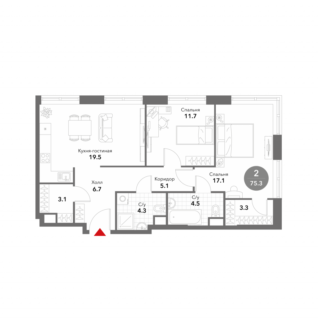2-комнатная квартира 75.3 м2, 10-й этаж