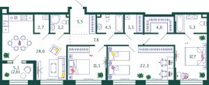 3-комнатная квартира 121.2 м2, 5-й этаж