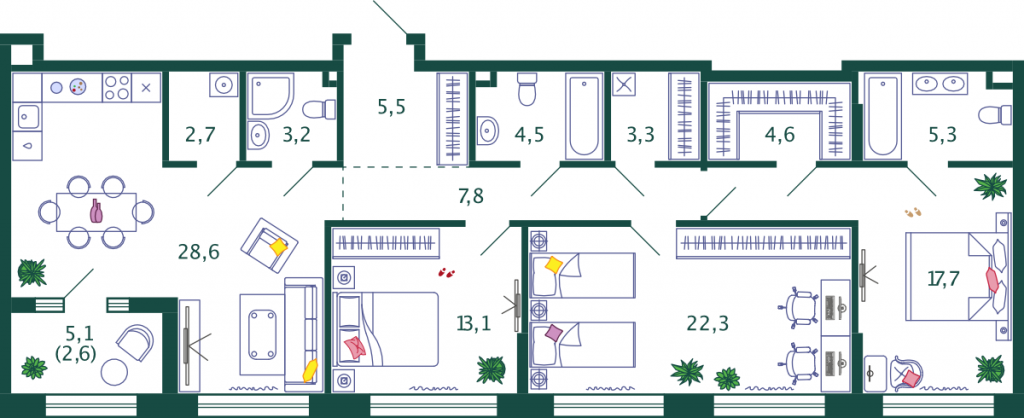 3-комнатная квартира 121.2 м2, 5-й этаж
