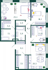 3-комнатная квартира 116.1 м2, 10-й этаж
