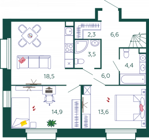 2-комнатная квартира 84.5 м2, 6-й этаж