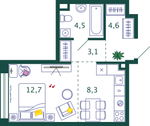 Cтудия 33.2 м2, 16-й этаж