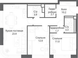 2-комнатная квартира 68.5 м2, 22-й этаж