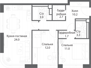 2-комнатная квартира 68.6 м2, 25-й этаж