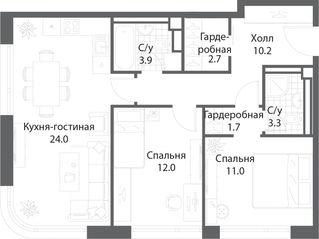 2-комнатная квартира 68.6 м2, 27-й этаж