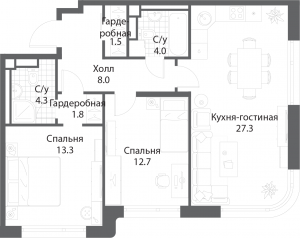 2-комнатная квартира 72.6 м2, 27-й этаж