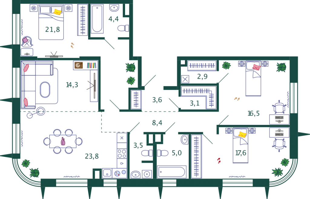 4-комнатная квартира 124.9 м2, 7-й этаж