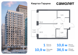 1-комнатная квартира 36.45 м2, 9-й этаж