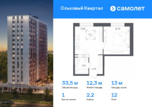 1-комнатная квартира 33.5 м2, 12-й этаж