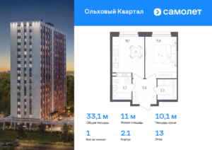 1-комнатная квартира 33.1 м2, 13-й этаж