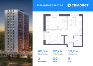 2-комнатная квартира 42.9 м2, 9-й этаж