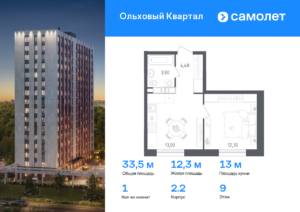 1-комнатная квартира 33.5 м2, 9-й этаж