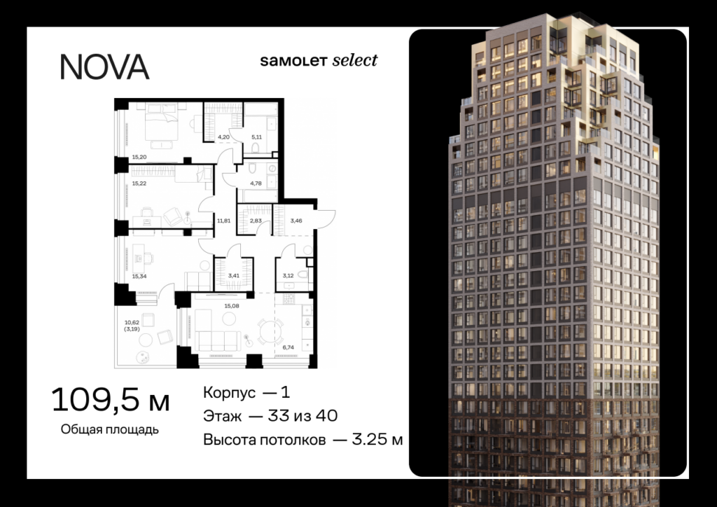 3-комнатная квартира 109.49 м2, 33-й этаж