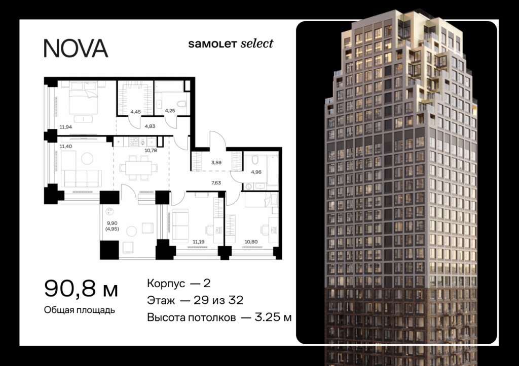 3-комнатная квартира 90.77 м2, 29-й этаж