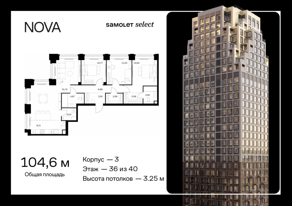 3-комнатная квартира 104.59 м2, 36-й этаж