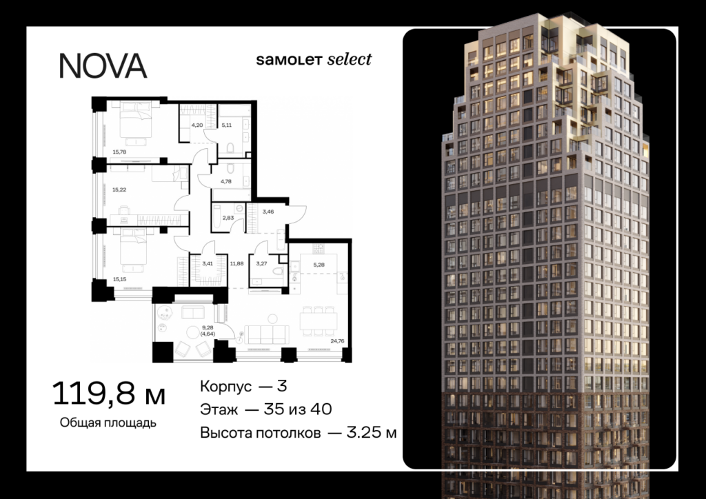 3-комнатная квартира 119.77 м2, 35-й этаж