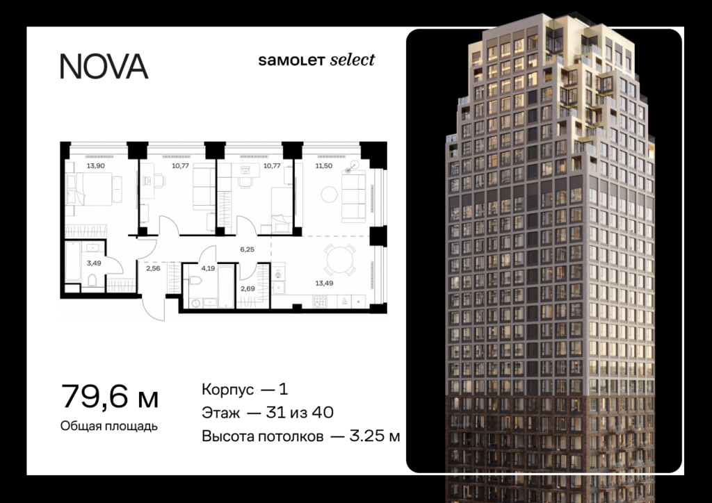 3-комнатная квартира 79.61 м2, 31-й этаж
