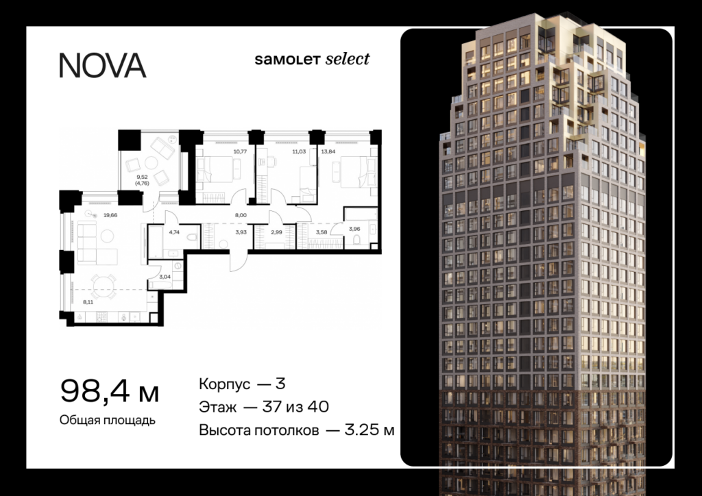 3-комнатная квартира 98.41 м2, 37-й этаж