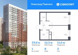 1-комнатная квартира 33.61 м2, 3-й этаж