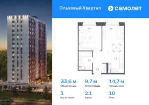 1-комнатная квартира 33.6 м2, 10-й этаж