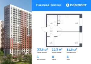 1-комнатная квартира 33.61 м2, 5-й этаж