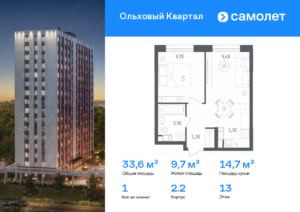 1-комнатная квартира 33.6 м2, 13-й этаж