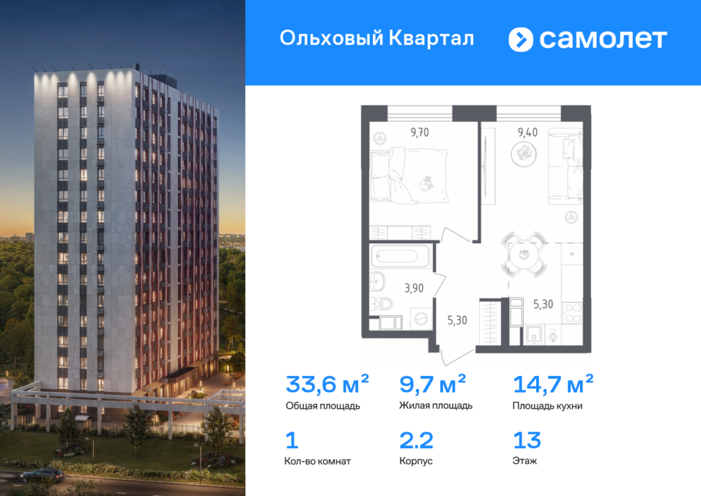 1-комнатная квартира 33.6 м2, 13-й этаж