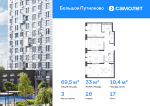 3-комнатная квартира 69.5 м2, 17-й этаж