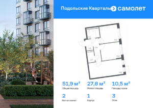 2-комнатная квартира 51.91 м2, 3-й этаж
