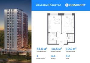 1-комнатная квартира 31.6 м2, 10-й этаж
