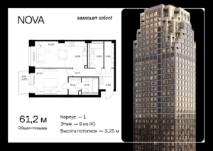1-комнатная квартира 61.16 м2, 9-й этаж