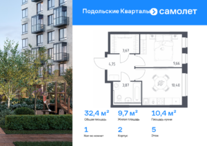 1-комнатная квартира 32.35 м2, 5-й этаж