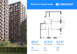3-комнатная квартира 68.98 м2, 17-й этаж