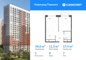 1-комнатная квартира 36.6 м2, 7-й этаж