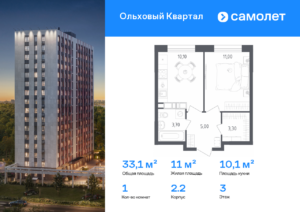 1-комнатная квартира 33.1 м2, 3-й этаж