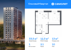 1-комнатная квартира 33.5 м2, 10-й этаж