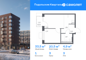 1-комнатная квартира 33.52 м2, 3-й этаж