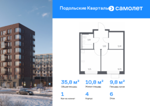 1-комнатная квартира 35.83 м2, 6-й этаж