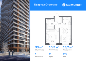 1-комнатная квартира 33.01 м2, 23-й этаж