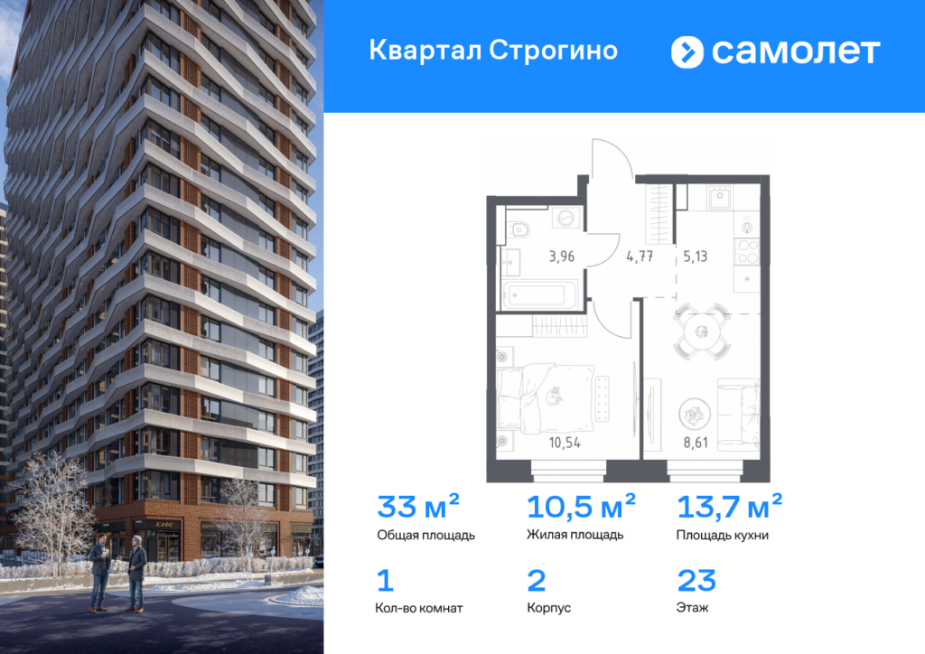 1-комнатная квартира 33.01 м2, 23-й этаж