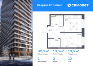 1-комнатная квартира 32.84 м2, 10-й этаж