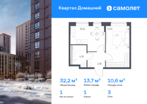 1-комнатная квартира 32.19 м2, 3-й этаж