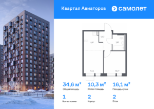 1-комнатная квартира 34.63 м2, 2-й этаж