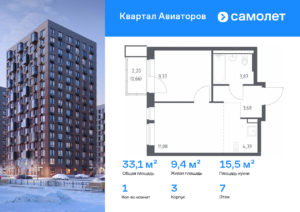 1-комнатная квартира 33.05 м2, 7-й этаж