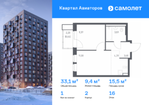 1-комнатная квартира 33.05 м2, 16-й этаж