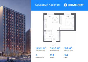 1-комнатная квартира 33.5 м2, 14-й этаж