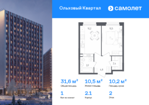 1-комнатная квартира 31.6 м2, 2-й этаж