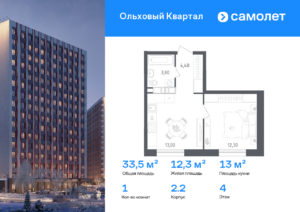 1-комнатная квартира 33.5 м2, 4-й этаж