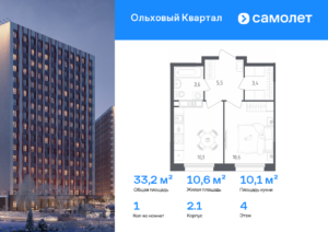 1-комнатная квартира 33.2 м2, 4-й этаж