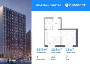 1-комнатная квартира 33.5 м2, 7-й этаж